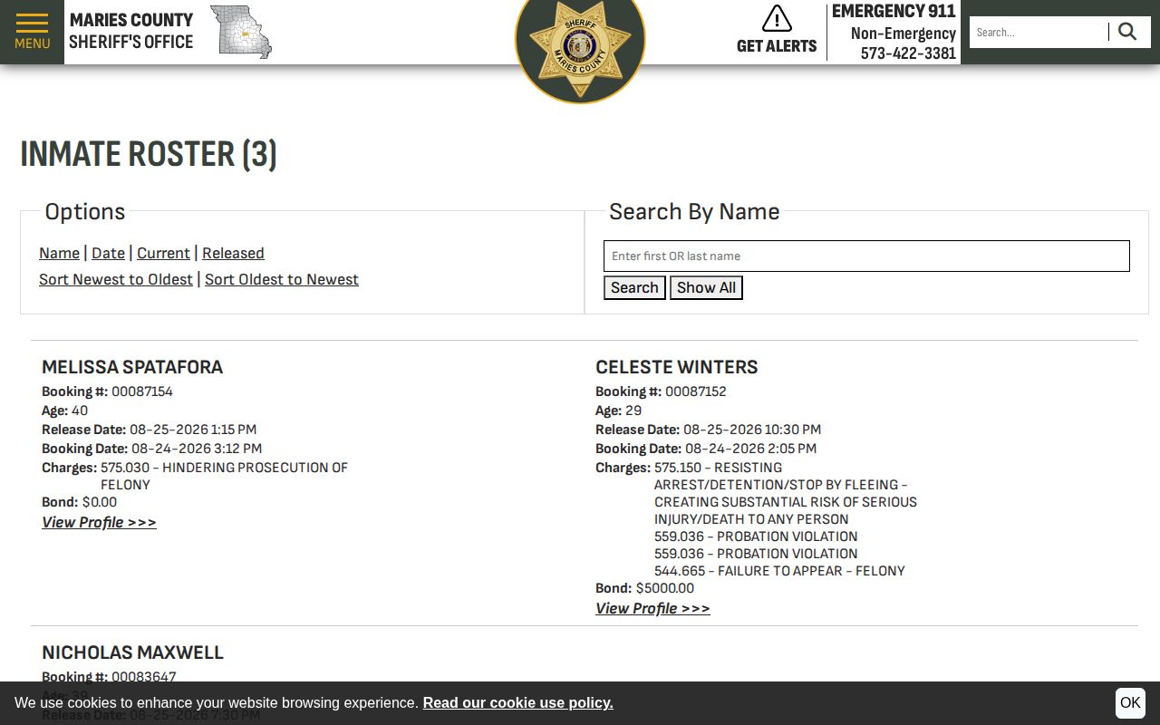Maries County 48-hour release roster for recent custody records