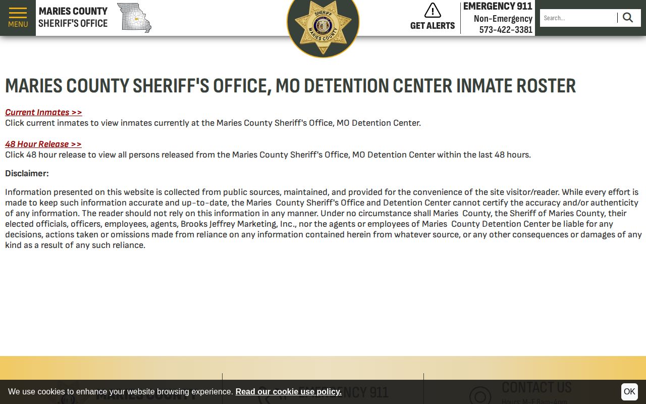 Maries County inmate roster for current custody and recent release records