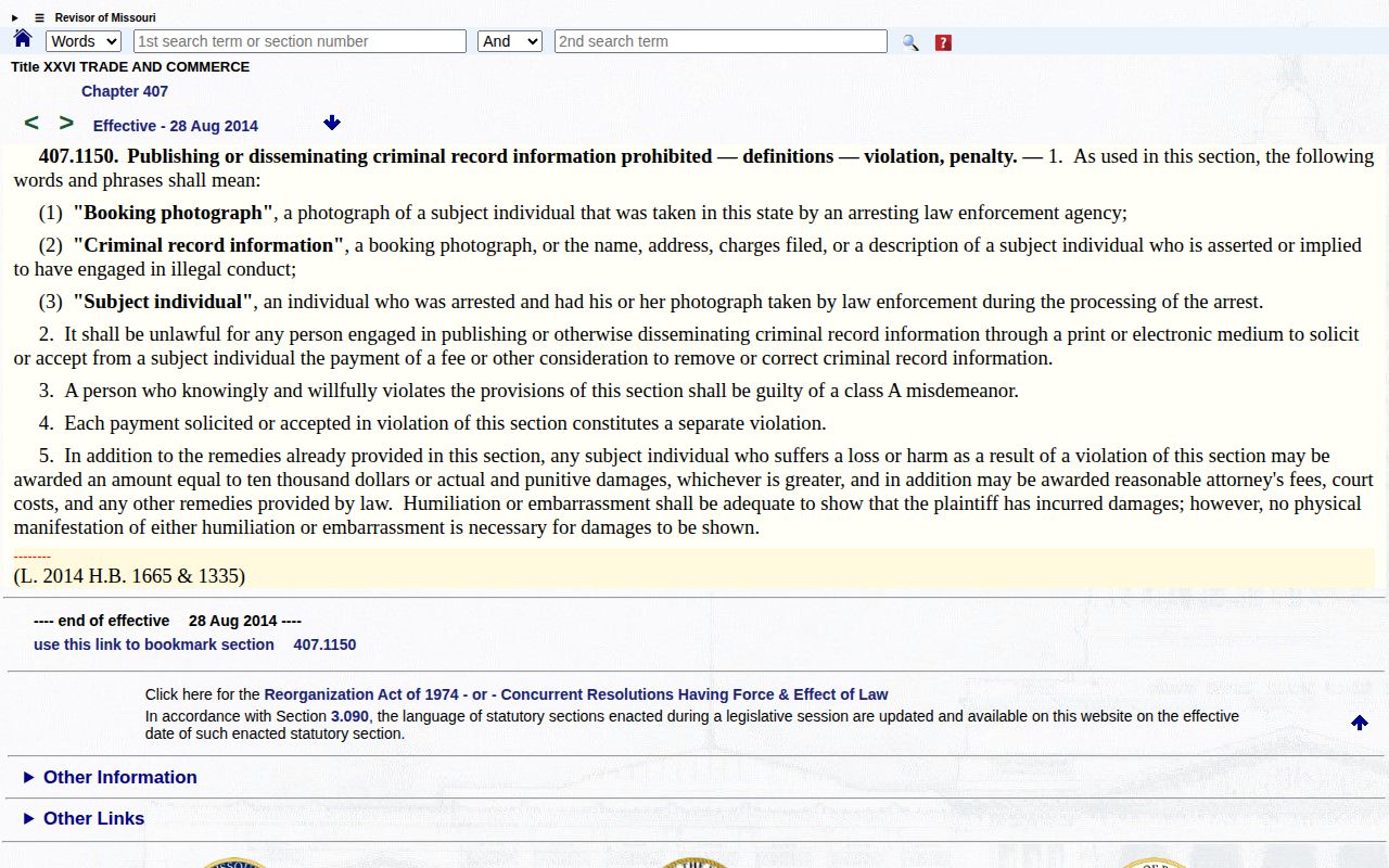 Missouri booking-photo statute for Maries County record requests