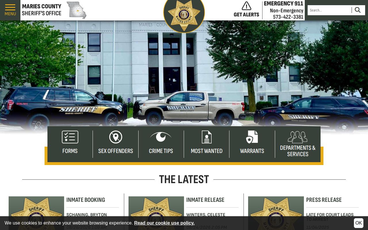 Maries County booking and release record links on the official sheriff homepage