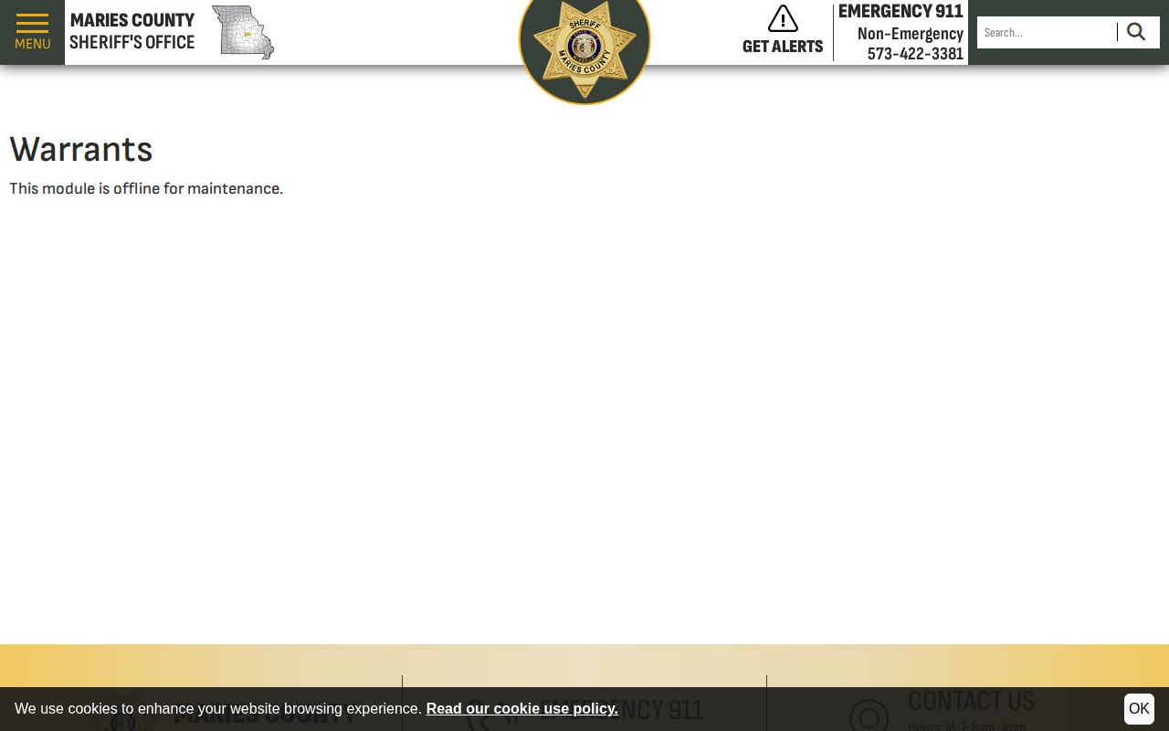 Maries County Sheriff’s Office warrants module maintenance view
